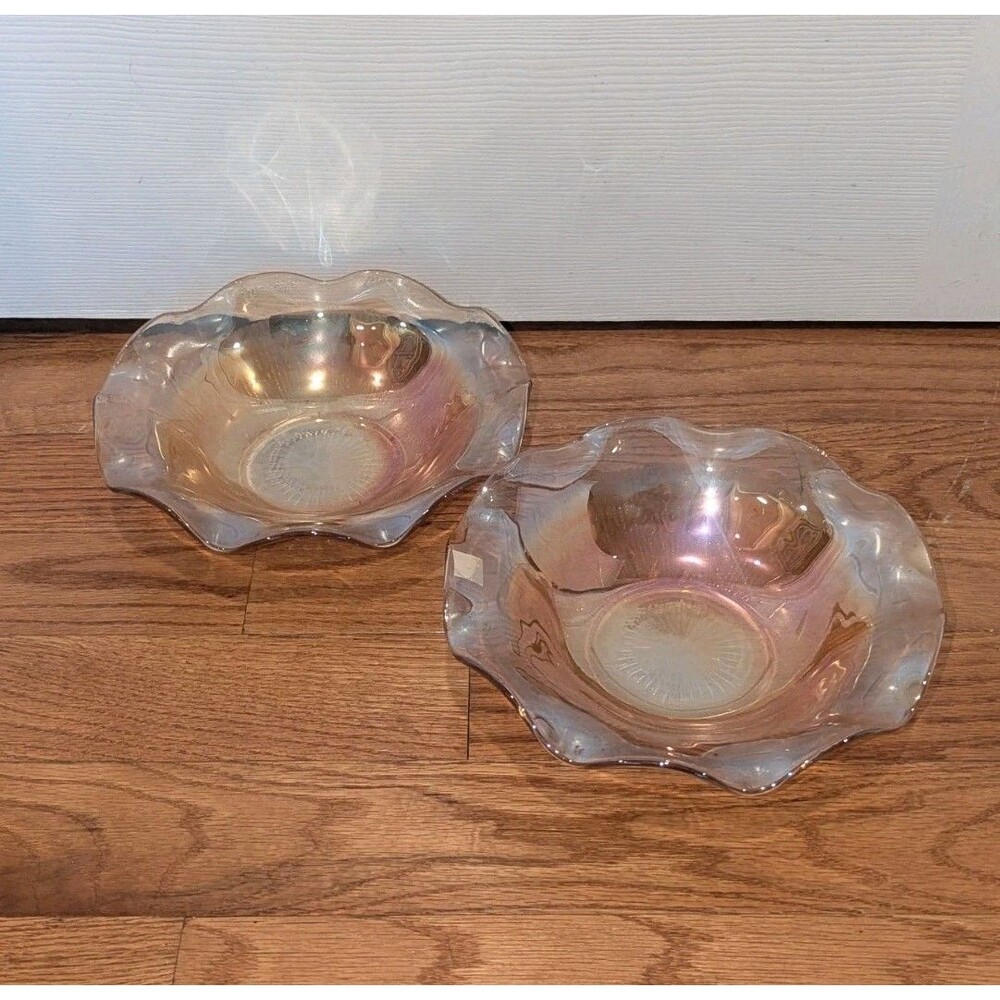 Vtg Set Of 2 Carnival Glass Bowl Iris & Herringbone Pattern Jeannette Glass Co